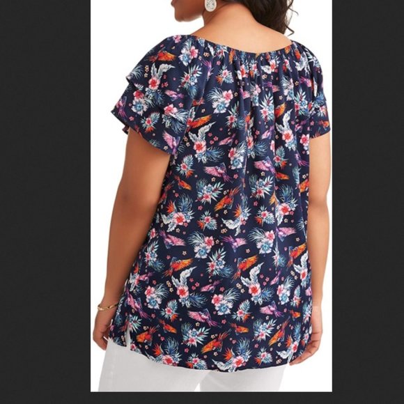Terra & Sky navy floral print flutter sleeve peasant top,Plus size 2X(20W-22W) - Picture 2 of 7